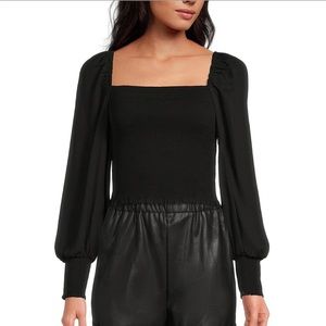 Gianni Bini Angel Square Neck Long Balloon Sleeve Cropped Smocked Blouse black